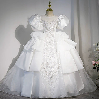 Princess White Satin Back Zip Baptism Lace Floor Length Short Sleeve Puff Sleeve Round Flower Girl Dress