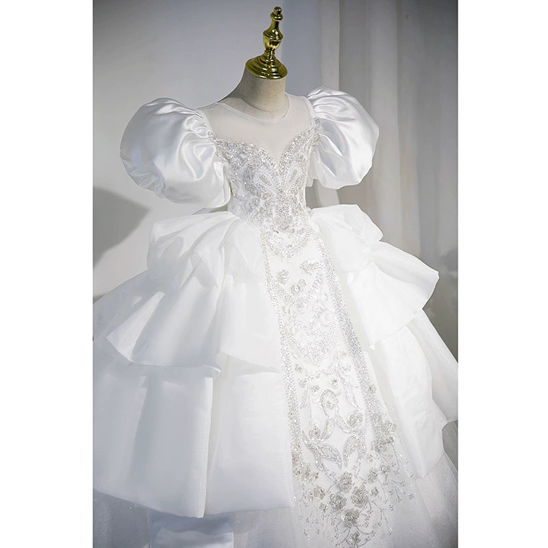 Princess White Satin Back Zip Baptism Lace Floor Length Short Sleeve Puff Sleeve Round Flower Girl Dress