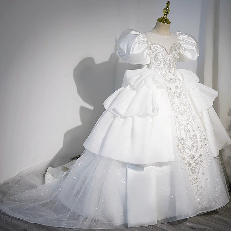 Princess White Satin Back Zip Baptism Lace Floor Length Short Sleeve Puff Sleeve Round Flower Girl Dress