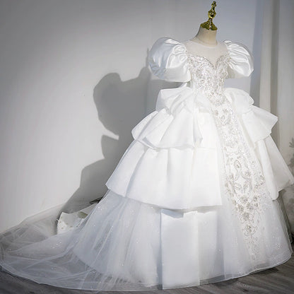 Princess White Satin Back Zip Baptism Lace Floor Length Short Sleeve Puff Sleeve Round Flower Girl Dress