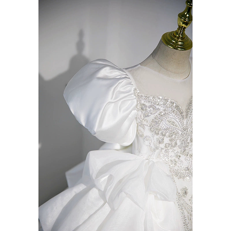 Princess White Satin Back Zip Baptism Lace Floor Length Short Sleeve Puff Sleeve Round Flower Girl Dress