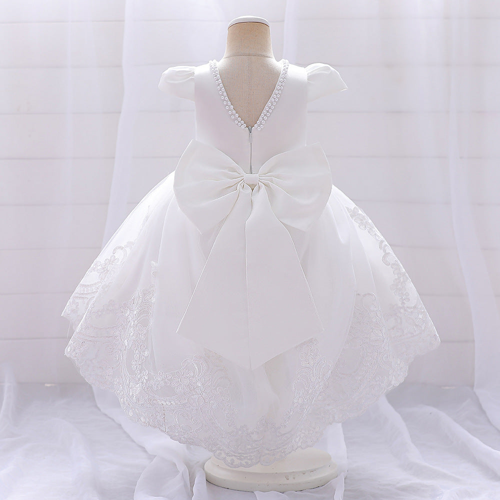 Princess White Satin Back Zip Baptism Lace Tea Length Short Sleeve Cap Sleeve Jewel Neck Flower Girl Dress