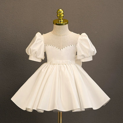 Princess White Satin Back Zip Baptism Tea Length Short Sleeve Puff Sleeve Sweetheart Flower Girl Dress