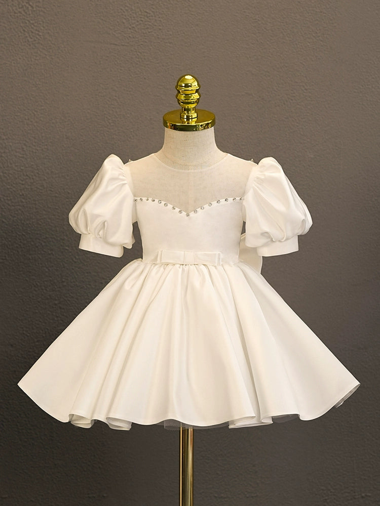 Princess White Satin Back Zip Baptism Tea Length Short Sleeve Puff Sleeve Sweetheart Flower Girl Dress