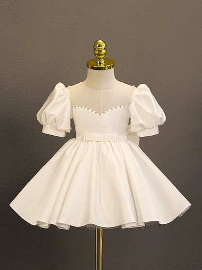 Princess White Satin Back Zip Baptism Tea Length Short Sleeve Puff Sleeve Sweetheart Flower Girl Dress