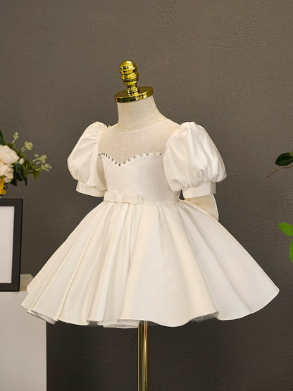 Princess White Satin Back Zip Baptism Tea Length Short Sleeve Puff Sleeve Sweetheart Flower Girl Dress