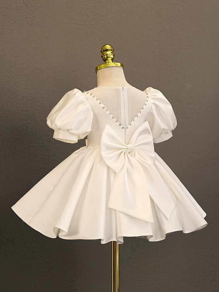 Princess White Satin Back Zip Baptism Tea Length Short Sleeve Puff Sleeve Sweetheart Flower Girl Dress