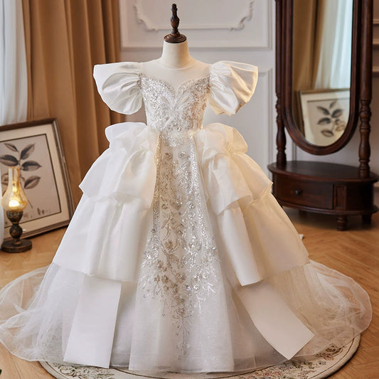 Princess White Satin Crossed Straps Baptism Sequins Floor Length Short Sleeve Puff Sleeve Round Flower Girl Dress