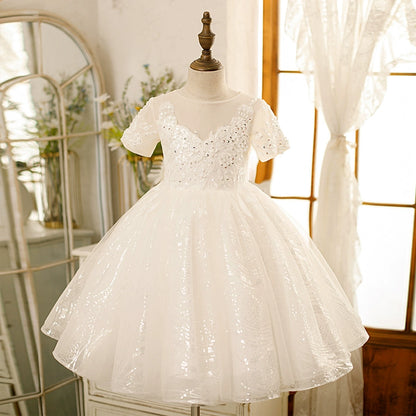 Princess White Tulle Back Zip Baptism Lace Tea Length Short Sleeve Sweetheart Flower Girl Dress