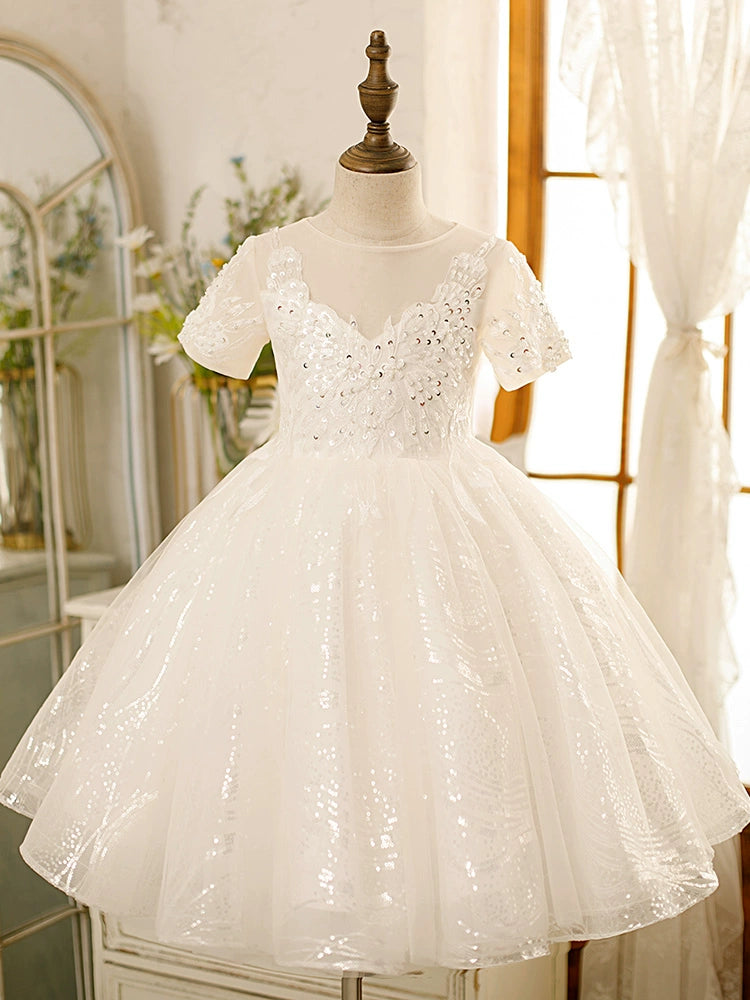 Princess White Tulle Back Zip Baptism Lace Tea Length Short Sleeve Sweetheart Flower Girl Dress