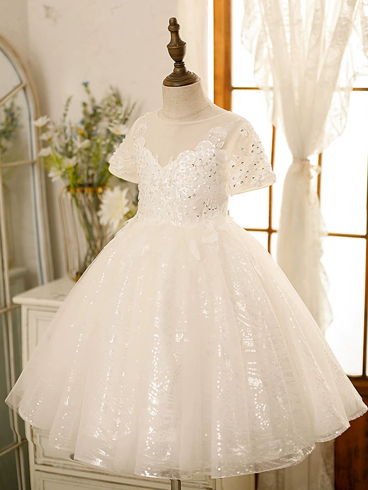 Princess White Tulle Back Zip Baptism Lace Tea Length Short Sleeve Sweetheart Flower Girl Dress