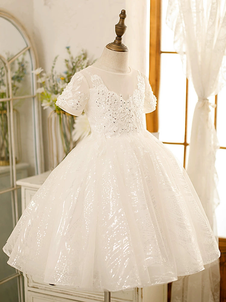 Princess White Tulle Back Zip Baptism Lace Tea Length Short Sleeve Sweetheart Flower Girl Dress