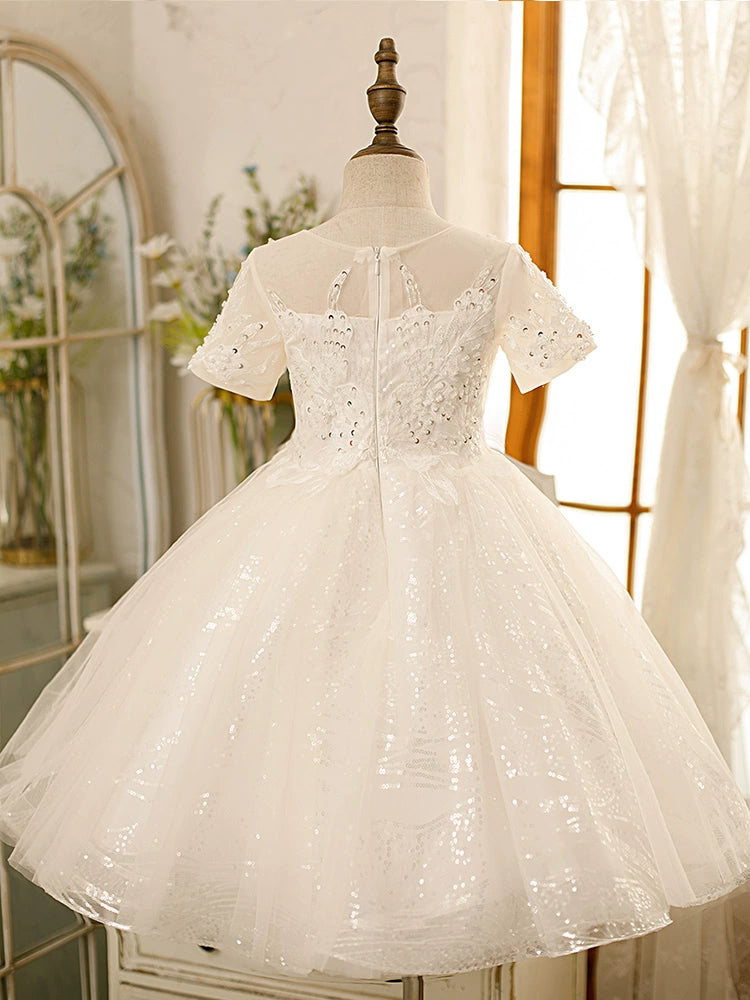 Princess White Tulle Back Zip Baptism Lace Tea Length Short Sleeve Sweetheart Flower Girl Dress