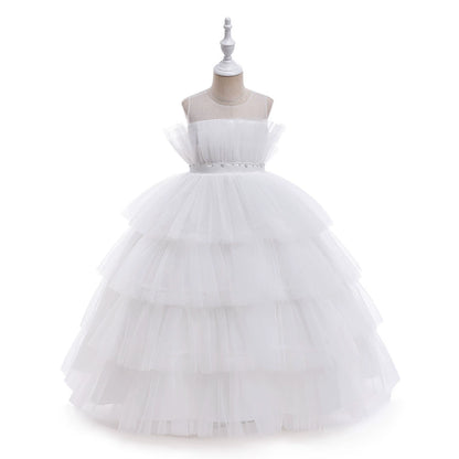 Princess White Tulle Back Zip Baptism Pleated Floor Length Sleeveless Round Flower Girl Dress