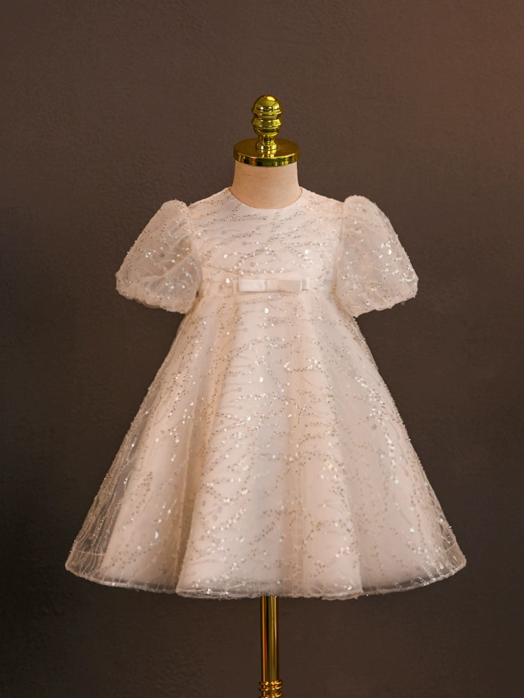 Princess White Tulle Back Zip Baptism Sequins Tea Length Short Sleeve Puff Sleeve Round Flower Girl Dress