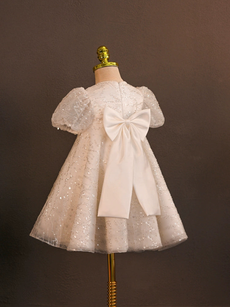 Princess White Tulle Back Zip Baptism Sequins Tea Length Short Sleeve Puff Sleeve Round Flower Girl Dress