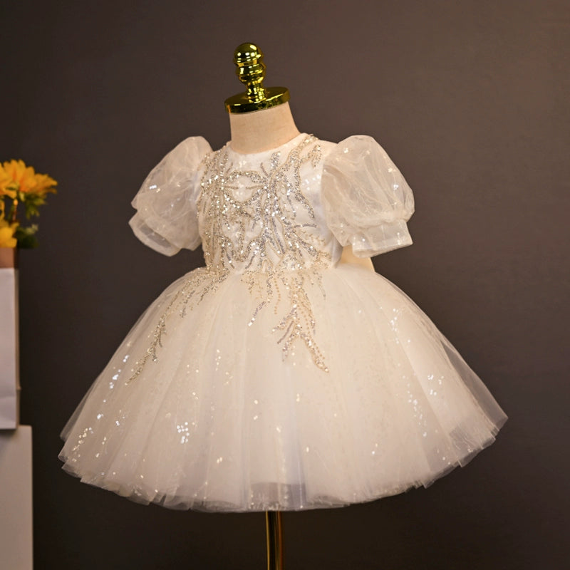 Princess White Tulle Back Zip Baptism Sequins Tea Length Short Sleeve Puff Sleeve Round Flower Girl Dress