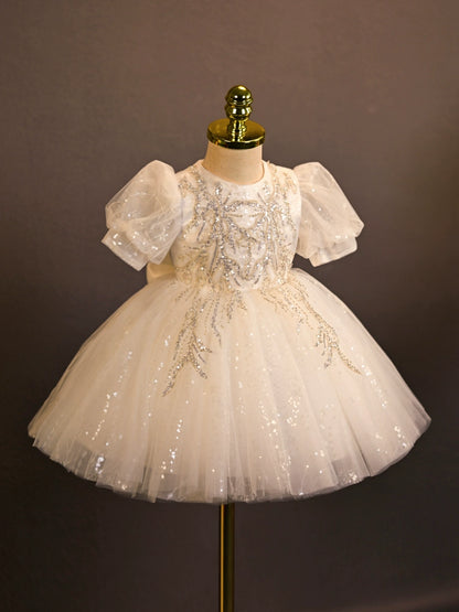 Princess White Tulle Back Zip Baptism Sequins Tea Length Short Sleeve Puff Sleeve Round Flower Girl Dress