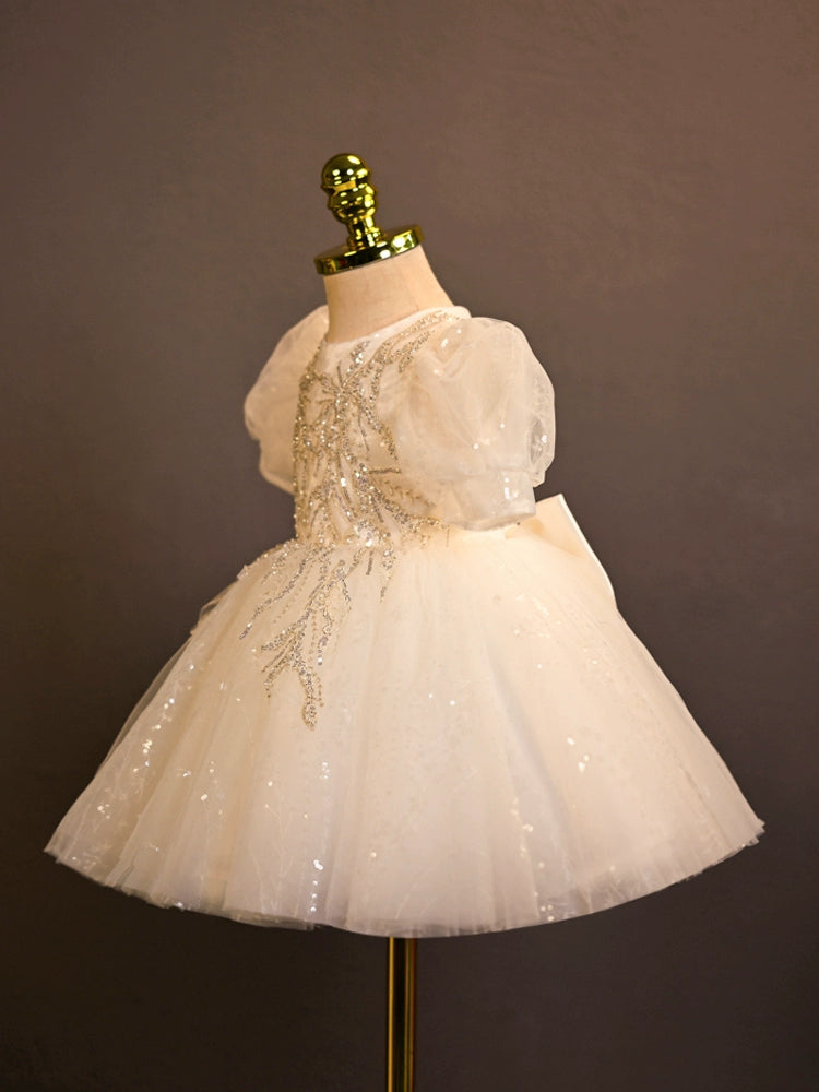 Princess White Tulle Back Zip Baptism Sequins Tea Length Short Sleeve Puff Sleeve Round Flower Girl Dress