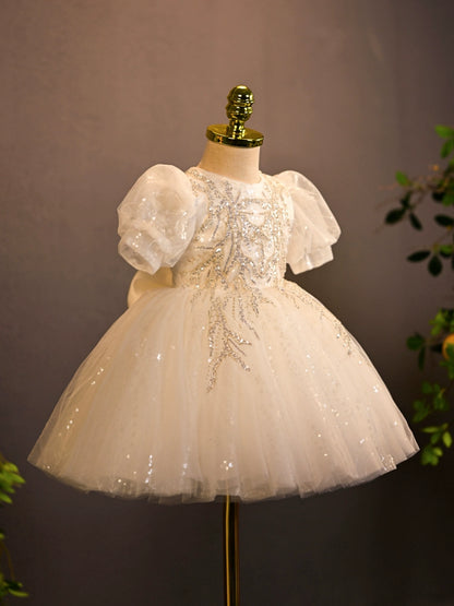 Princess White Tulle Back Zip Baptism Sequins Tea Length Short Sleeve Puff Sleeve Round Flower Girl Dress