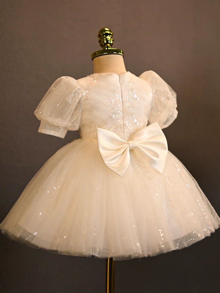 Princess White Tulle Back Zip Baptism Sequins Tea Length Short Sleeve Puff Sleeve Round Flower Girl Dress