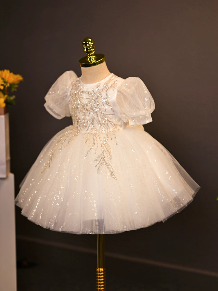 Princess White Tulle Back Zip Baptism Sequins Tea Length Short Sleeve Puff Sleeve Round Flower Girl Dress