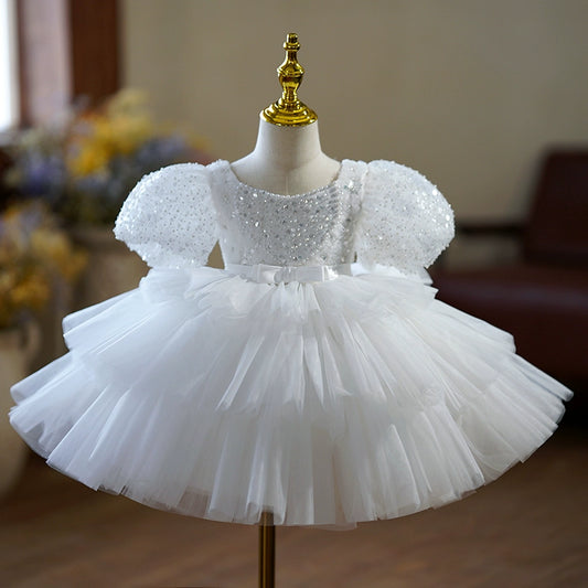 Princess White Tulle Back Zip Baptism Sequins Tea Length Short Sleeve Puff Sleeve Scoop Flower Girl Dress