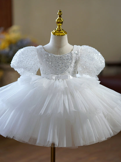 Princess White Tulle Back Zip Baptism Sequins Tea Length Short Sleeve Puff Sleeve Scoop Flower Girl Dress