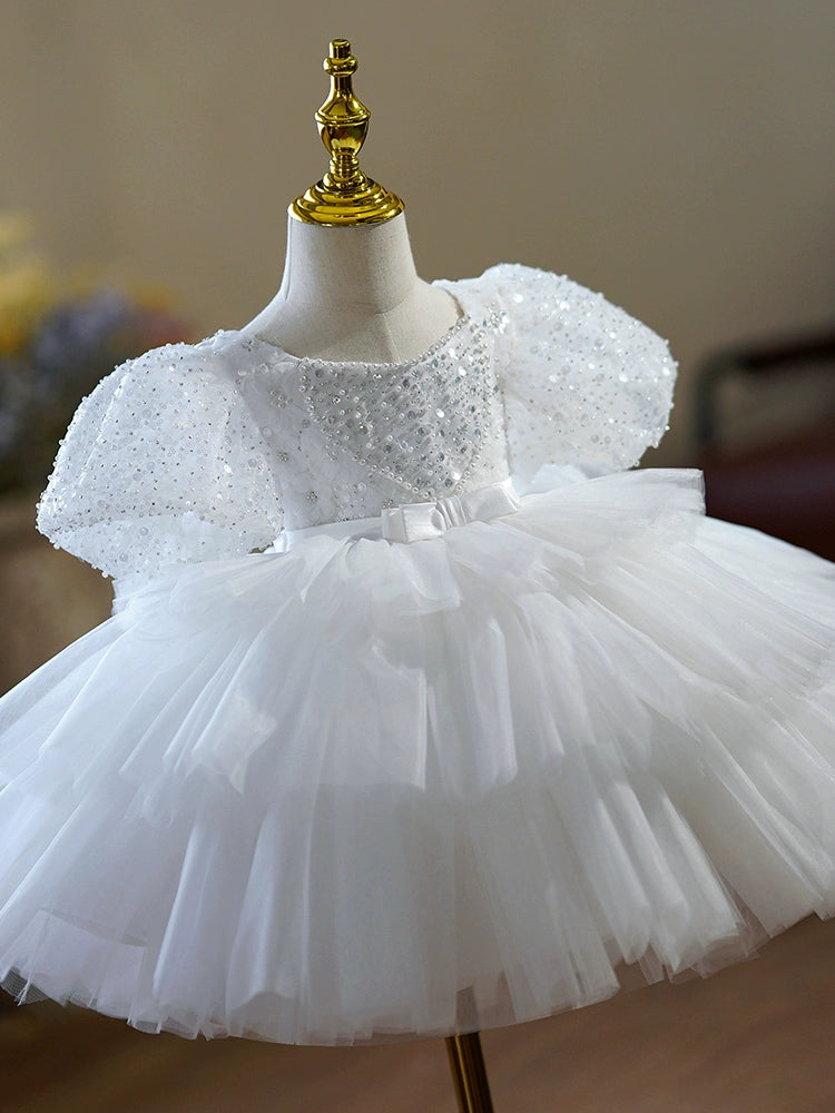 Princess White Tulle Back Zip Baptism Sequins Tea Length Short Sleeve Puff Sleeve Scoop Flower Girl Dress