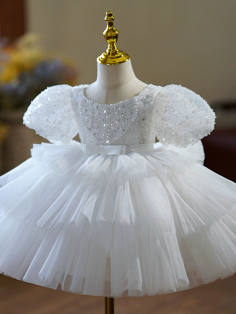 Princess White Tulle Back Zip Baptism Sequins Tea Length Short Sleeve Puff Sleeve Scoop Flower Girl Dress