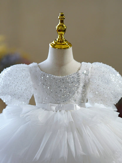 Princess White Tulle Back Zip Baptism Sequins Tea Length Short Sleeve Puff Sleeve Scoop Flower Girl Dress