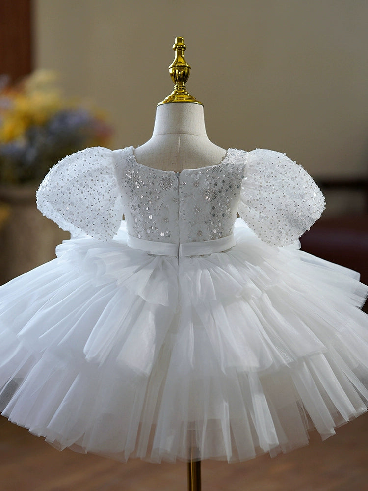 Princess White Tulle Back Zip Baptism Sequins Tea Length Short Sleeve Puff Sleeve Scoop Flower Girl Dress