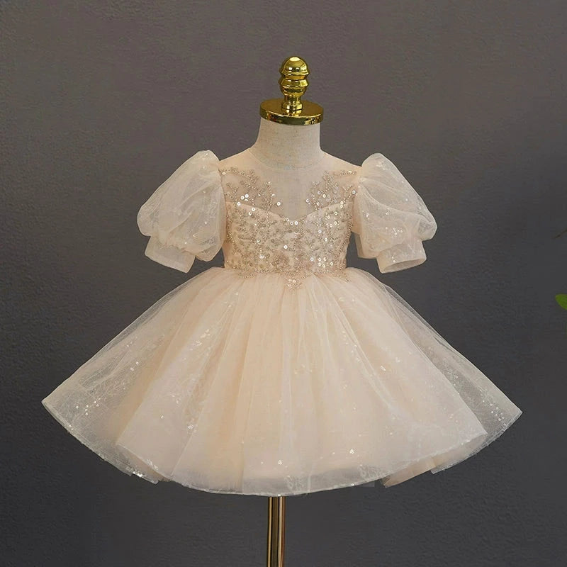 Princess White Tulle Back Zip Baptism Sequins Tea Length Short Sleeve Puff Sleeve Sweetheart Flower Girl Dress