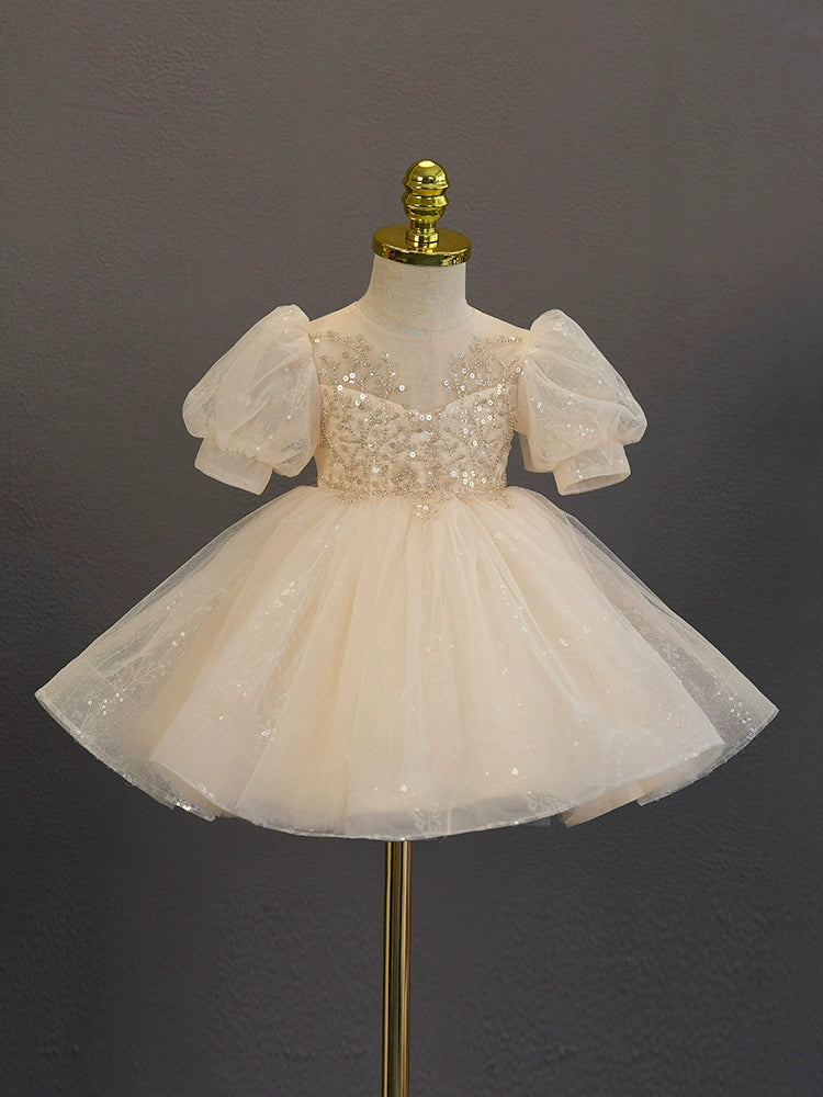 Princess White Tulle Back Zip Baptism Sequins Tea Length Short Sleeve Puff Sleeve Sweetheart Flower Girl Dress