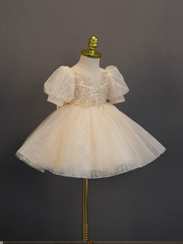 Princess White Tulle Back Zip Baptism Sequins Tea Length Short Sleeve Puff Sleeve Sweetheart Flower Girl Dress