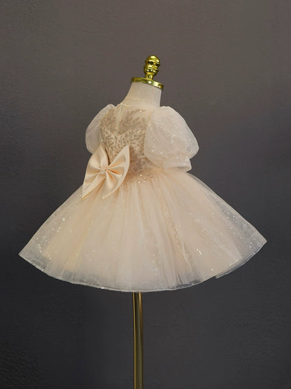 Princess White Tulle Back Zip Baptism Sequins Tea Length Short Sleeve Puff Sleeve Sweetheart Flower Girl Dress