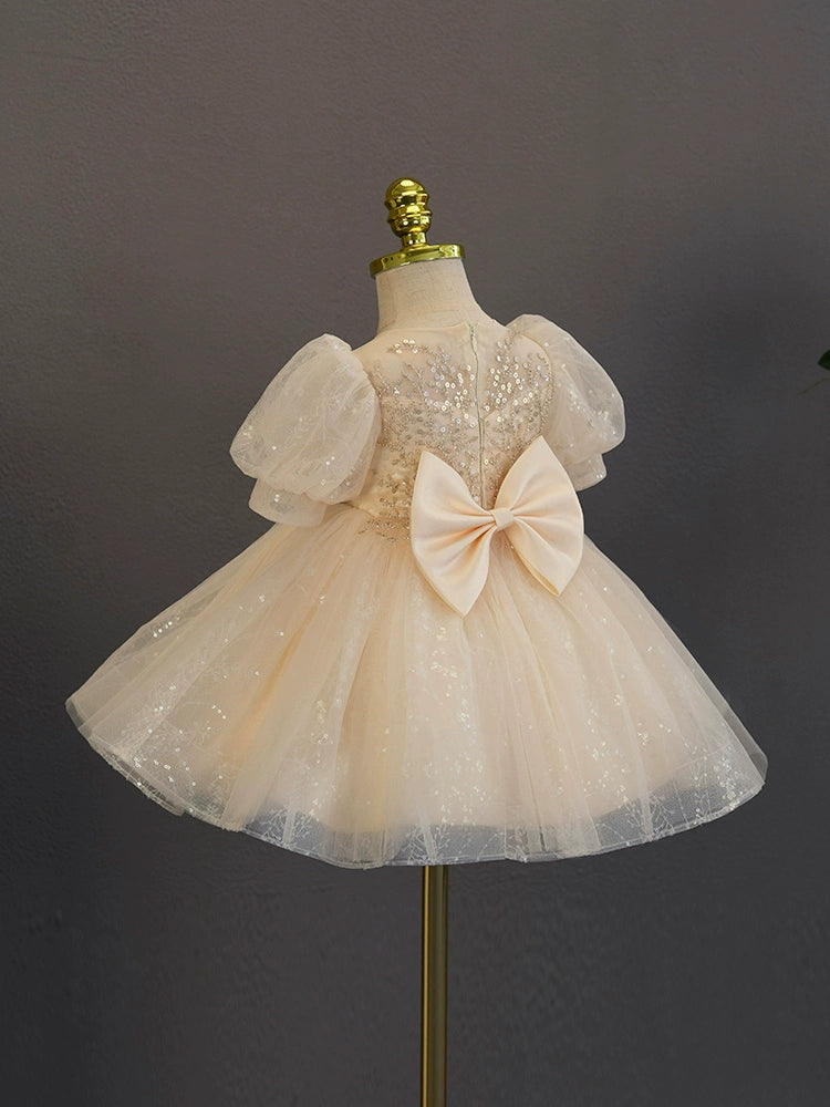 Princess White Tulle Back Zip Baptism Sequins Tea Length Short Sleeve Puff Sleeve Sweetheart Flower Girl Dress