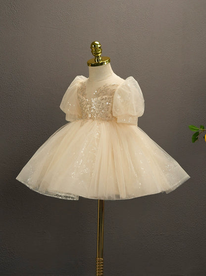 Princess White Tulle Back Zip Baptism Sequins Tea Length Short Sleeve Puff Sleeve Sweetheart Flower Girl Dress