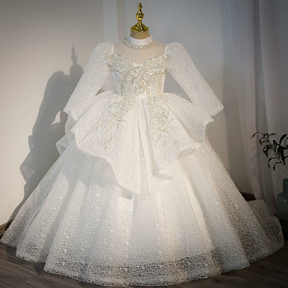 Princess White Tulle Crossed Straps Baptism Beaded Floor Length Long Sleeve Mock Neck Flower Girl Dress