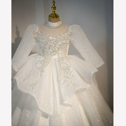 Princess White Tulle Crossed Straps Baptism Beaded Floor Length Long Sleeve Mock Neck Flower Girl Dress