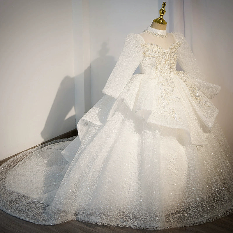 Princess White Tulle Crossed Straps Baptism Beaded Floor Length Long Sleeve Mock Neck Flower Girl Dress