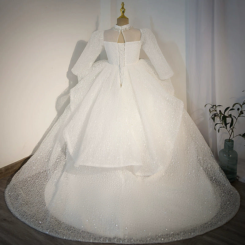 Princess White Tulle Crossed Straps Baptism Beaded Floor Length Long Sleeve Mock Neck Flower Girl Dress