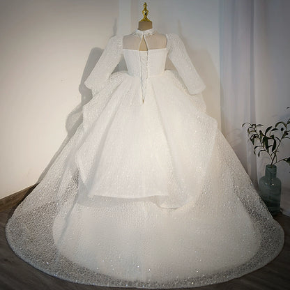 Princess White Tulle Crossed Straps Baptism Beaded Floor Length Long Sleeve Mock Neck Flower Girl Dress