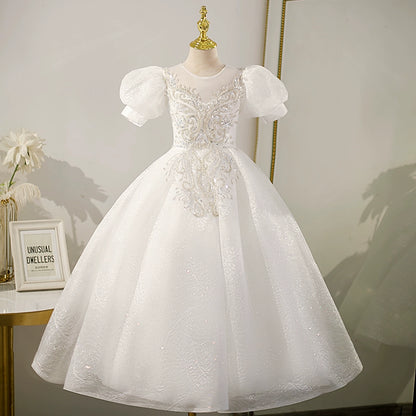 Princess White Tulle Crossed Straps Baptism Lace Floor Length Short Sleeve Puff Sleeve Round Flower Girl Dress