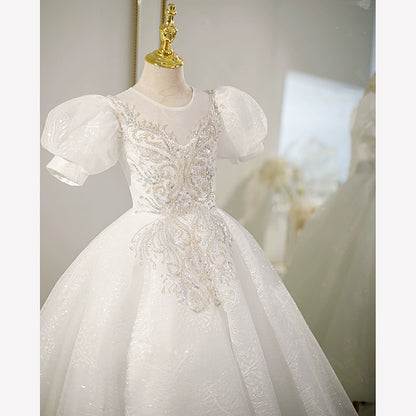 Princess White Tulle Crossed Straps Baptism Lace Floor Length Short Sleeve Puff Sleeve Round Flower Girl Dress