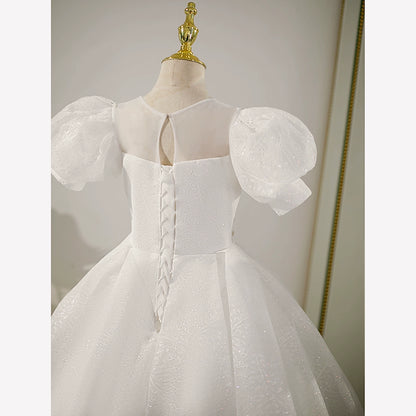 Princess White Tulle Crossed Straps Baptism Lace Floor Length Short Sleeve Puff Sleeve Round Flower Girl Dress