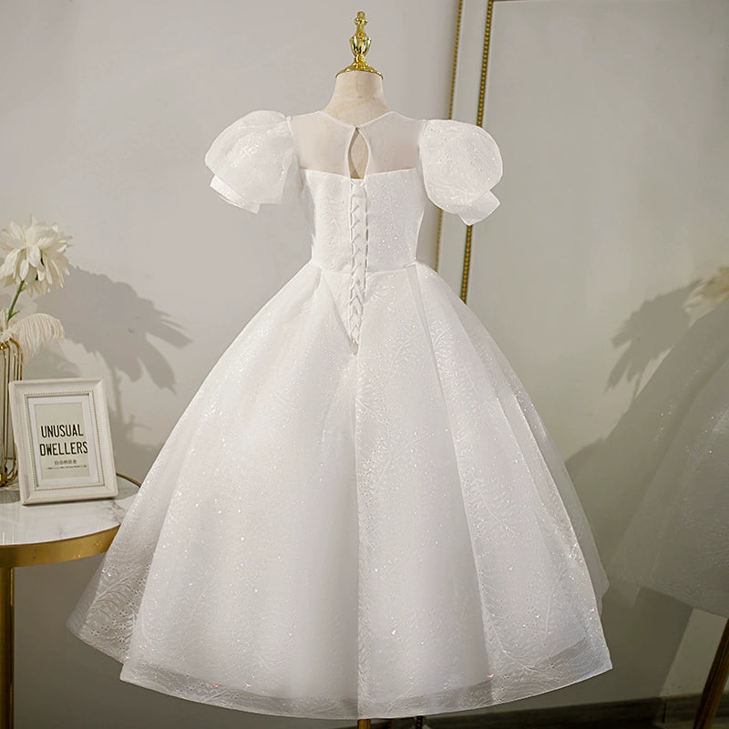 Princess White Tulle Crossed Straps Baptism Lace Floor Length Short Sleeve Puff Sleeve Round Flower Girl Dress