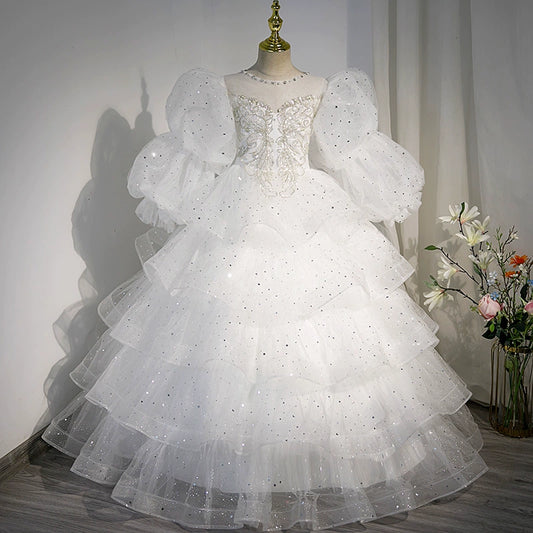 Princess White Tulle Crossed Straps Baptism Lace Floor Length Short Sleeve Puff Sleeve Round Flower Girl Dress